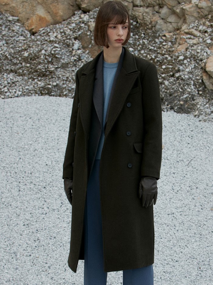 ouie158 Wool double long coat (khaki)