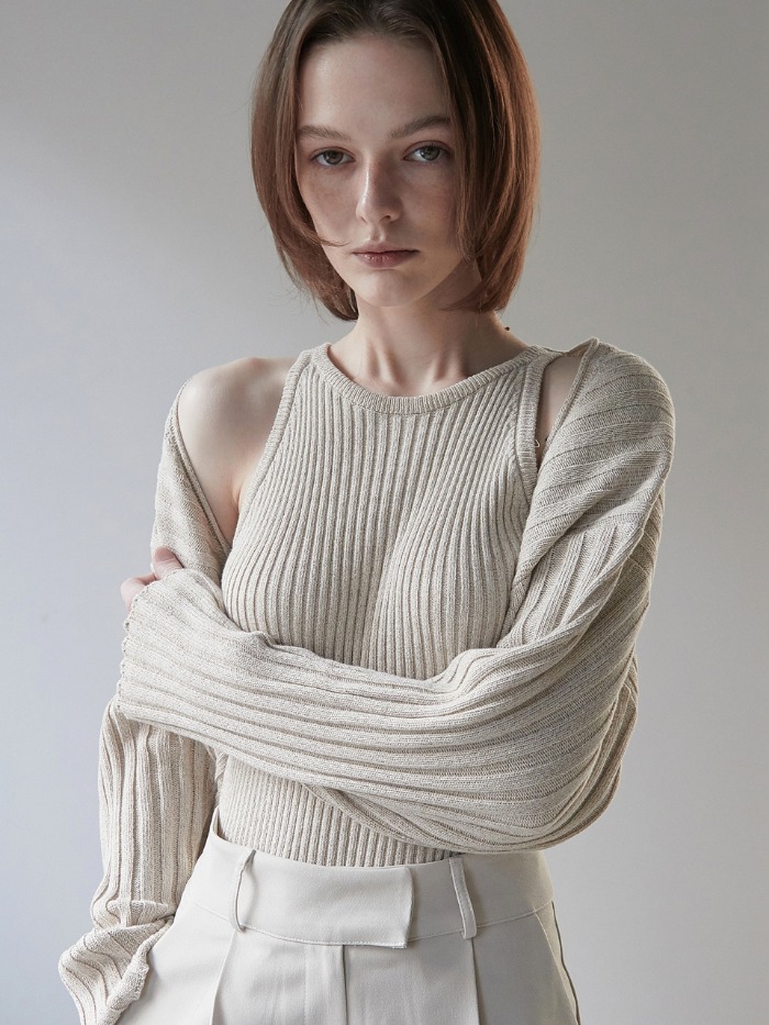 OU804 (SET) combi cotton bolero + sleeveless knit (natural linen)