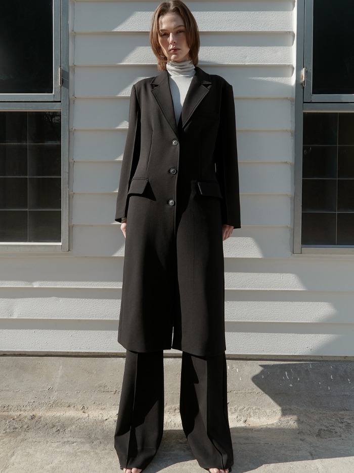 OU807 (SET) slim waist long jacket+line bootscut slacks (black)