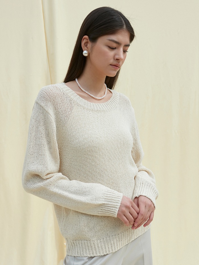 OU865 linen U neck boucle knit (cream beige)