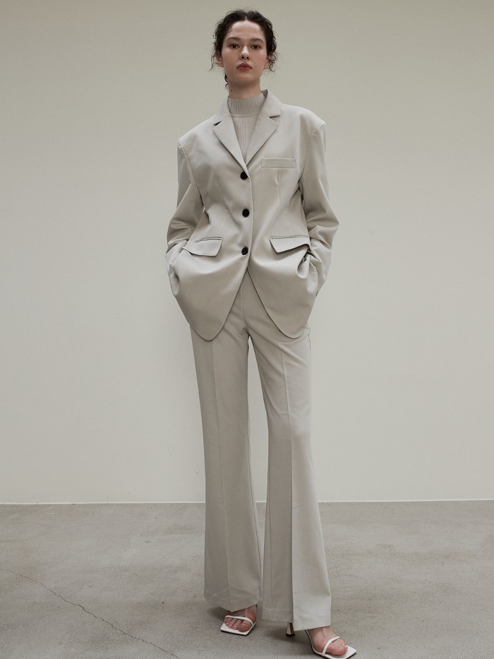 OU955 slim waist over jacket+rayon semi bootscut slacks (grayish beige)