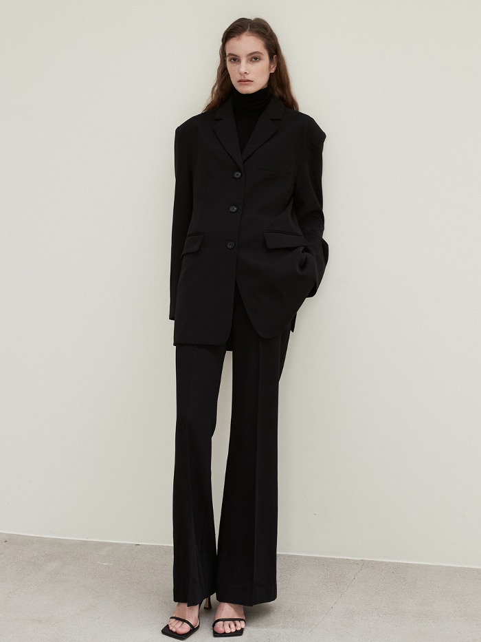 OU956 slim waist over jacket+rayon semi bootscut slacks (black)
