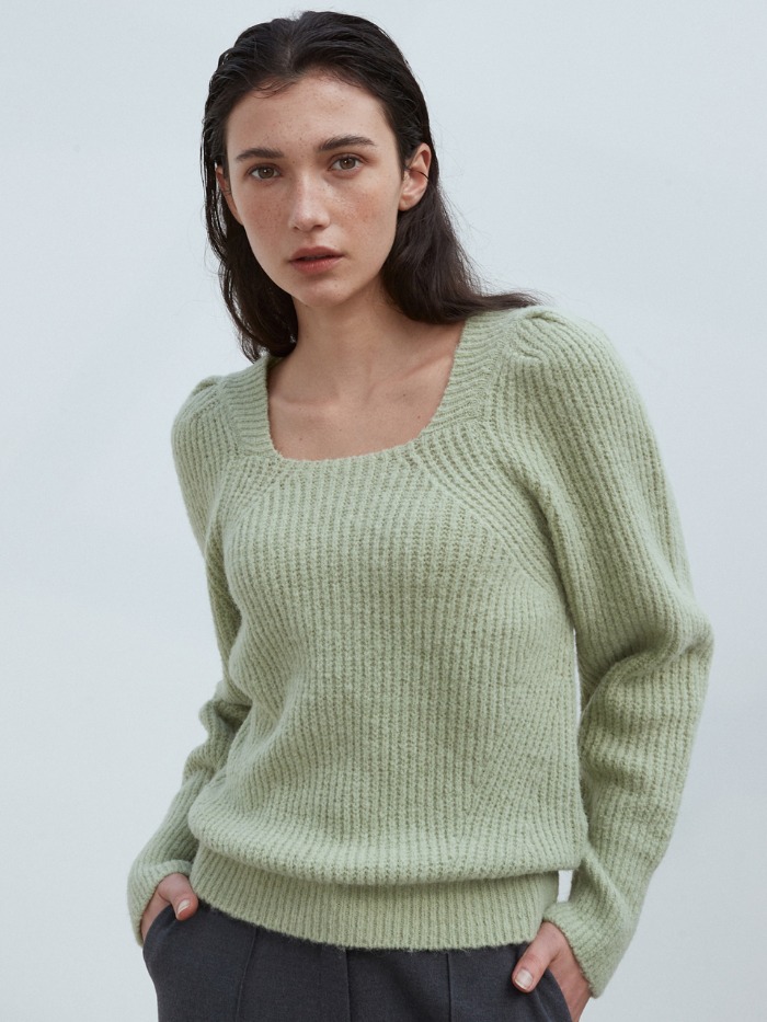 OU984 wool square neck puff knit (pastel green)
