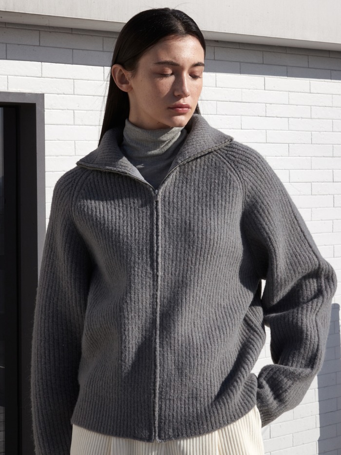 OU1004 woolish full zip up knit (charcoal)