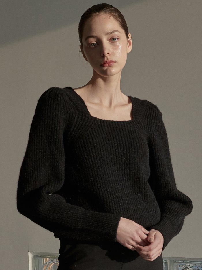 OU537 wool square neck puff knit (black)