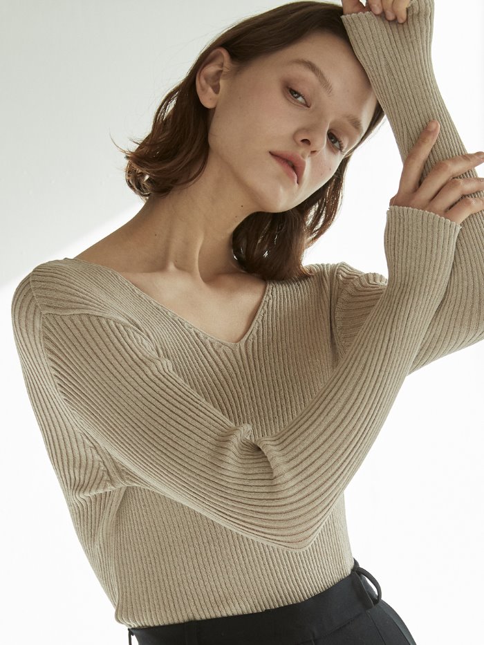 OU572 linen V neck knit (beige)