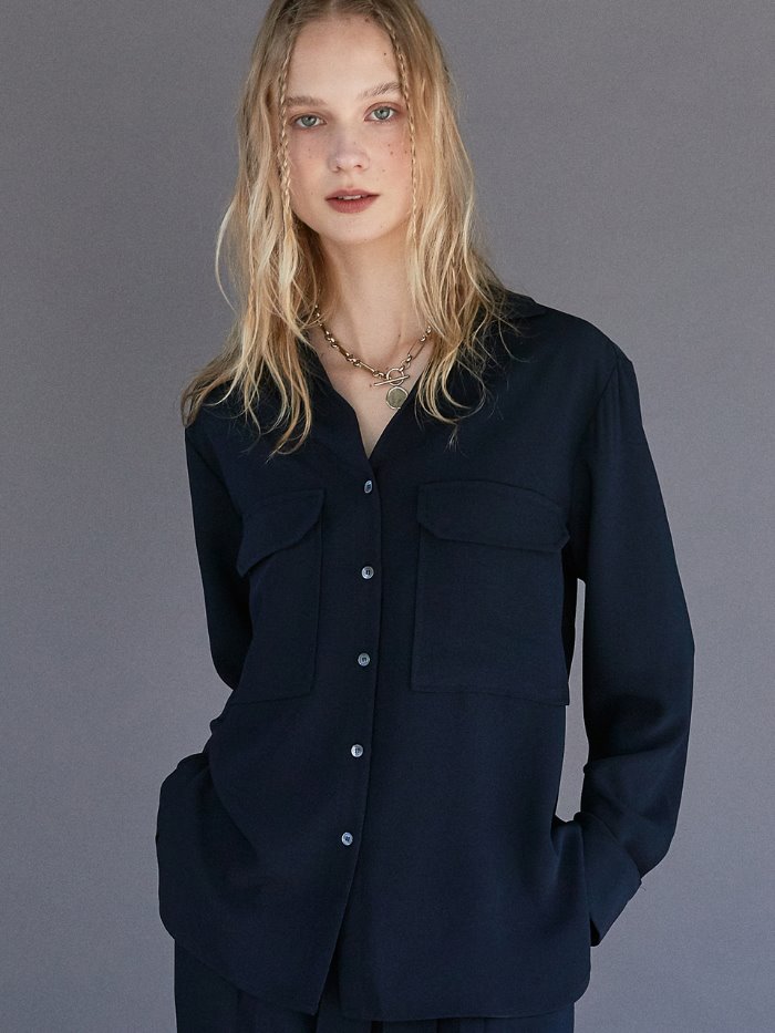 OU616 pocket loosy blouse (deep navy)