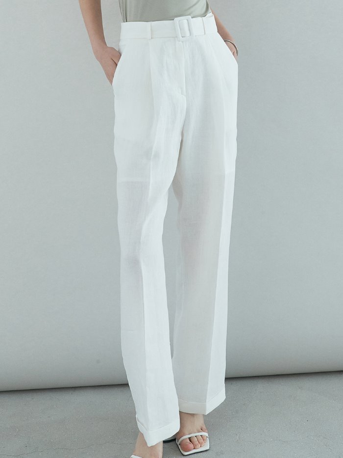 OU678 pure linen turn up slacks (white)